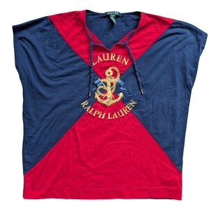 Lauren Ralph Lauren Vintage Gold Anchor Red Navy Blue Cotton Top Size XL